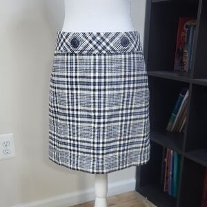 ANN TAYLOR Black White Blue Woven Cotton Plaid Midi Skirt Button Detail
